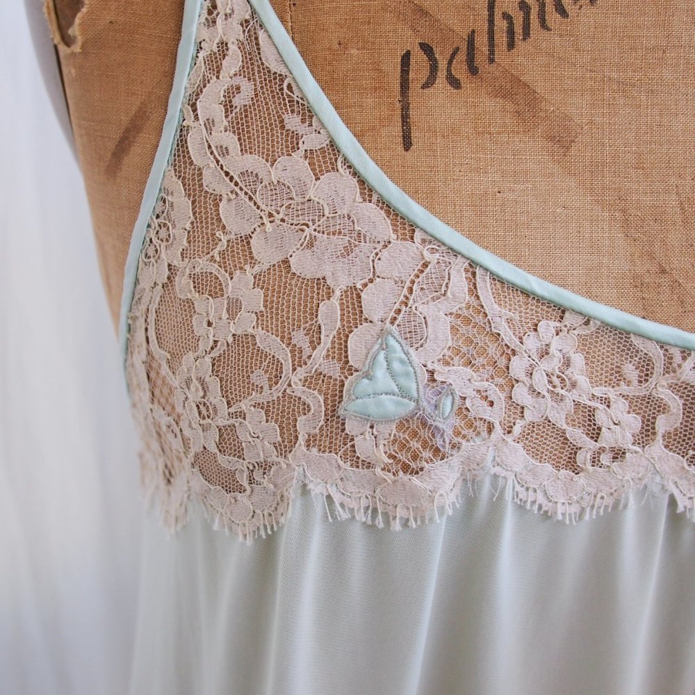 vtg 70s LUCIE ANN Claire Sandra Green Full Sweep Nightgown Beverly Hills LACE M - Picture 7 of 11